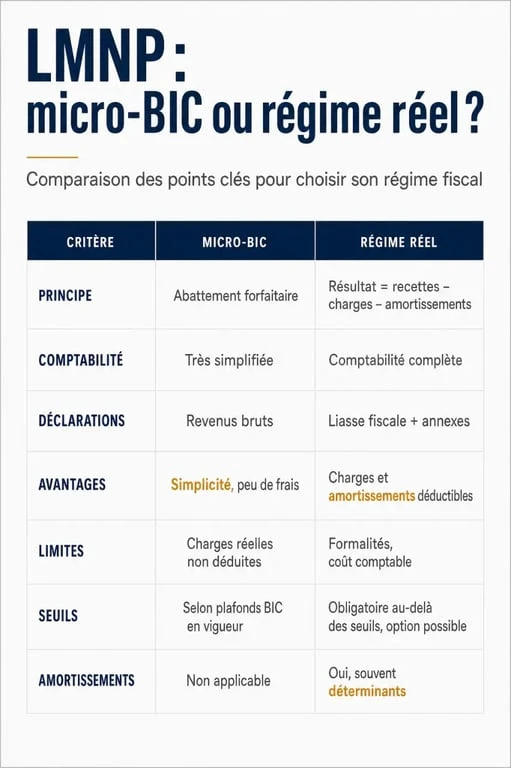 Infographie lmnp comptable comparant micro-BIC et régime réel