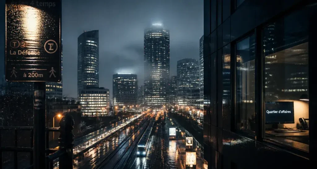 Paris quartier des affaires, tours de La Défense et flux métro