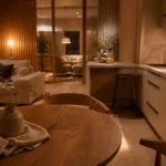 Salon cuisine ouverte 25m2, passage 90 cm, cuisine en L et coin repas