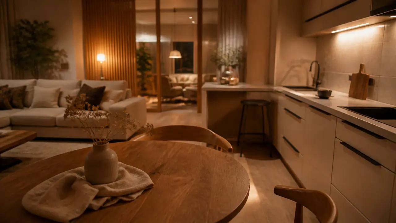 Salon cuisine ouverte 25m2, passage 90 cm, cuisine en L et coin repas