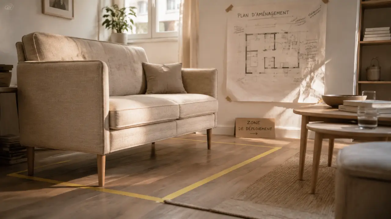 Canapé pour petit espace compact beige, moins de 190 cm, circulation préservée