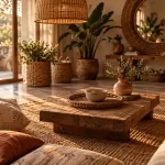 Salon déco boheme chic, coussins lin, tapis jute, rotin, lumière chaude