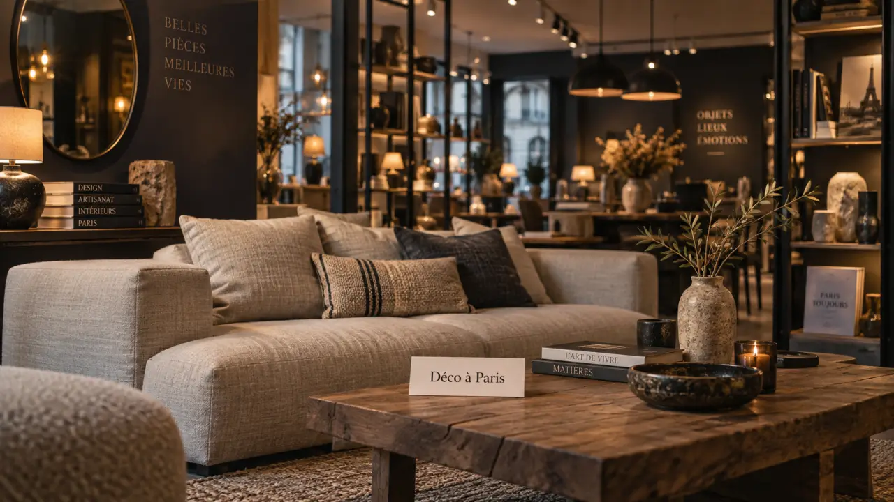 Déco paris : showroom parisien, canapé beige et table basse en chêne