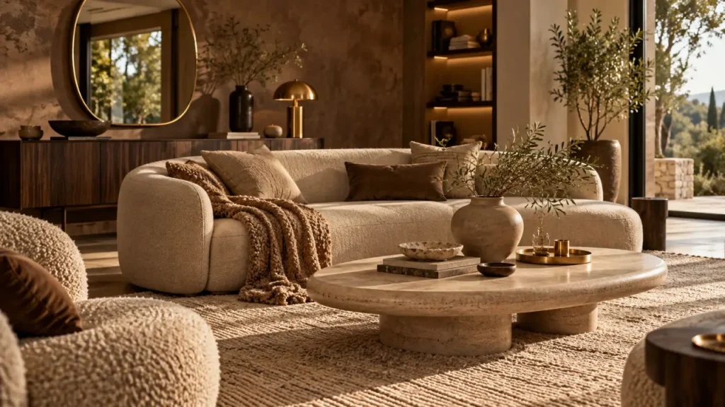 Déco salon 2025 : salon chaleureux aux couleurs terreuses, courbes et matières