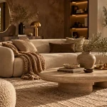 Déco salon 2025 : salon chaleureux aux couleurs terreuses, courbes et matières
