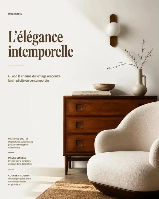 Style salon 2025 mélange ancien et moderne avec meuble vintage et fauteuil aux formes organiques