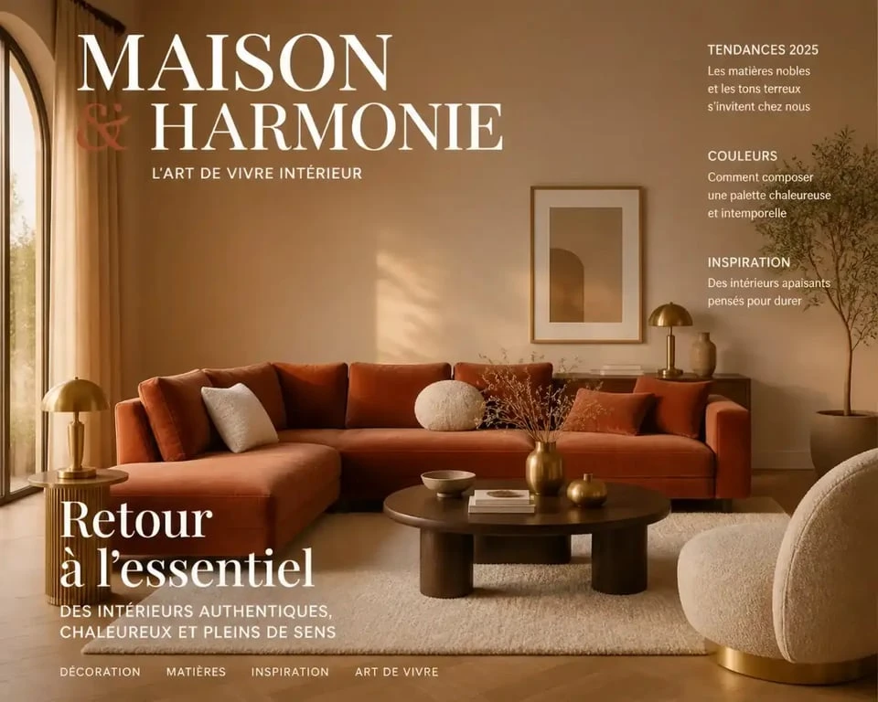Tendance déco 2025 salon aux couleurs terreuses, velours et bois foncé