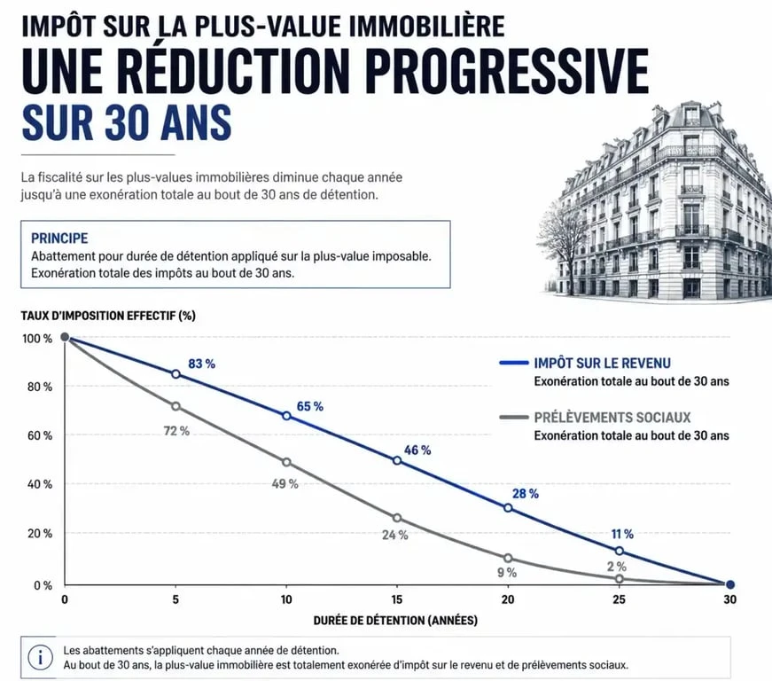 Graphique illustrant le calcul de la plus-value immobilière et la dégressivité de l'impôt selon la durée de détention