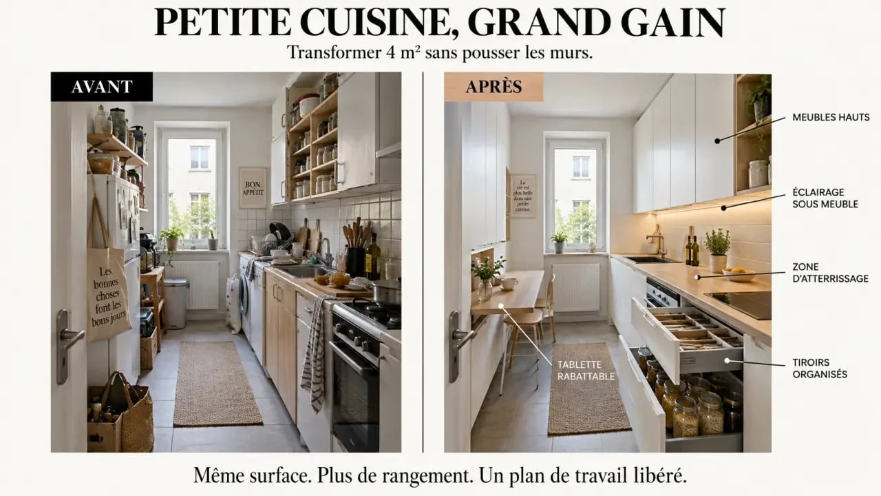 Aménagement petite cuisine 4m2 avant après avec rangements optimisés et plan de travail dégagé