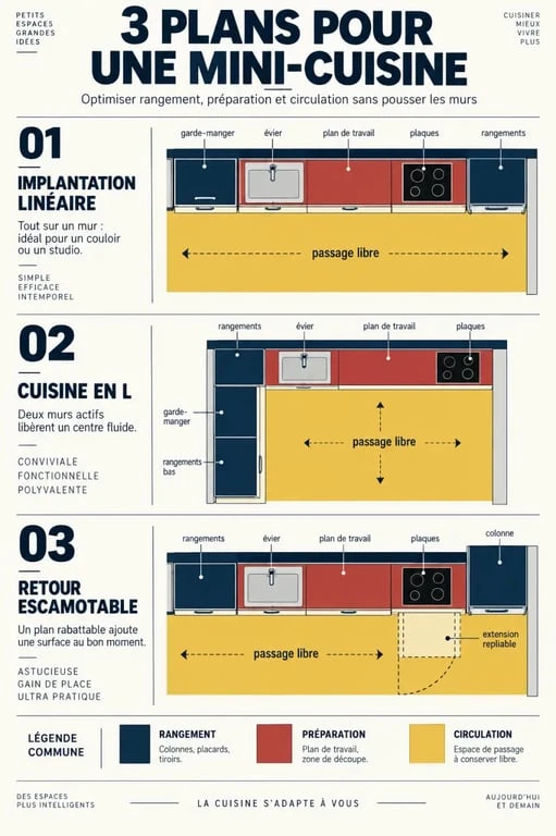 Aménagement petite cuisine 4m2 : comparaison visuelle des implantations linéaire, en L et avec retour escamotable