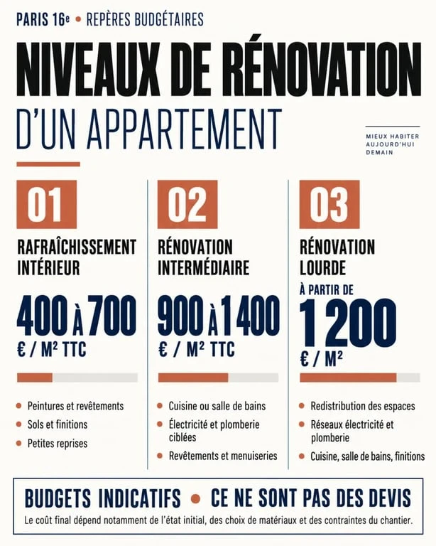 Rénovation appartement Paris 16 : infographie des budgets indicatifs par niveau de travaux