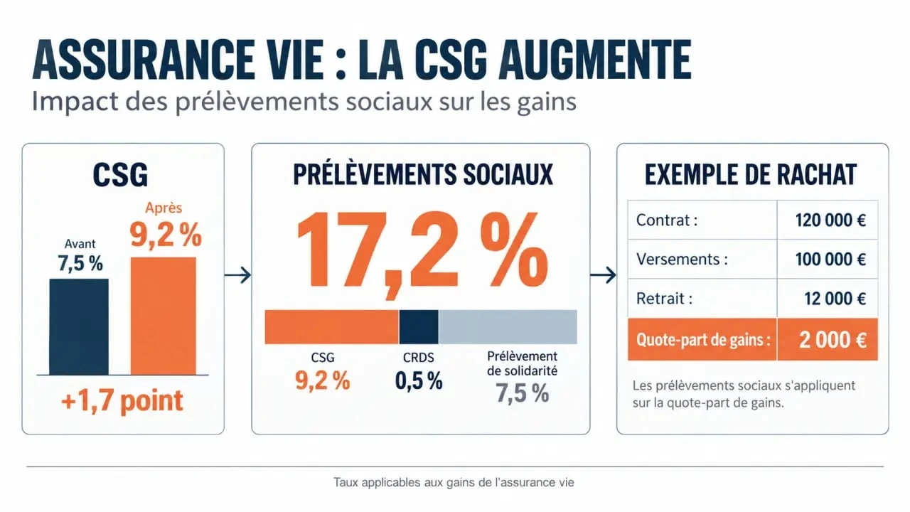 Infographie sur l’augmentation CSG assurance vie et le calcul des prélèvements sociaux lors d’un rachat