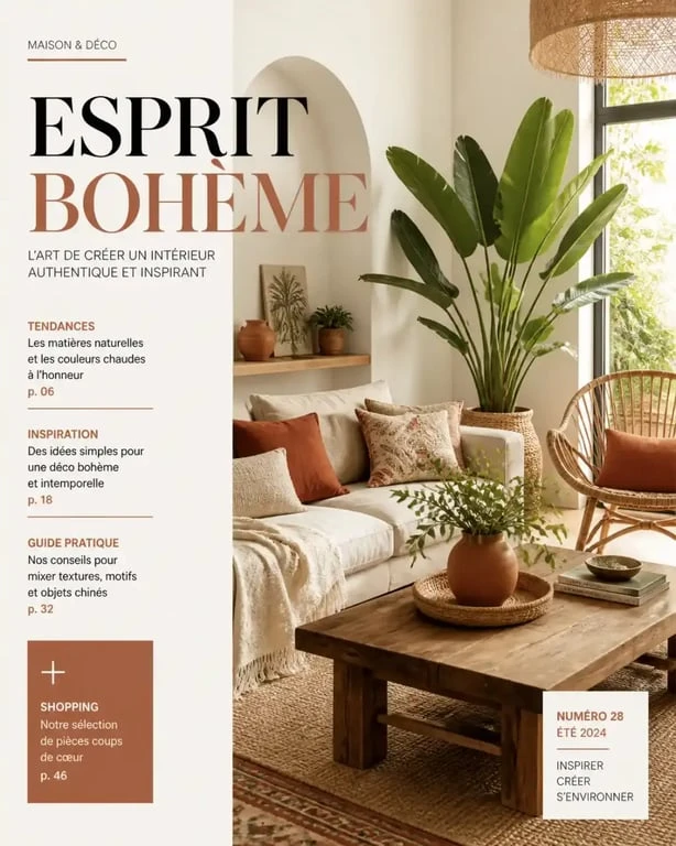 Salon style deco boheme chic avec mobilier en rotin et plantes vertes