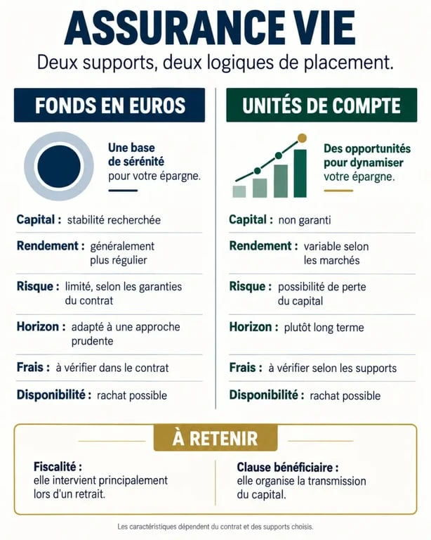 Infographie sur l’intérêt d’une assurance vie : fonds en euros, unités de compte, fiscalité et transmission