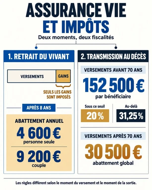 Assurance vie et impôts : infographie sur les retraits et la transmission au décès