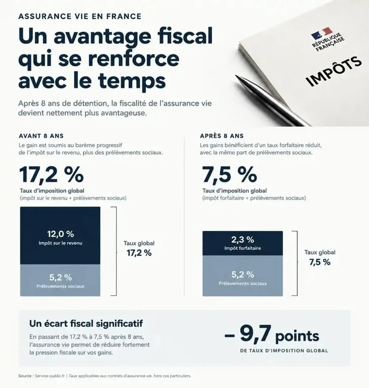 Infographie sur l'avantage fiscal de l'assurance-vie après 8 ans