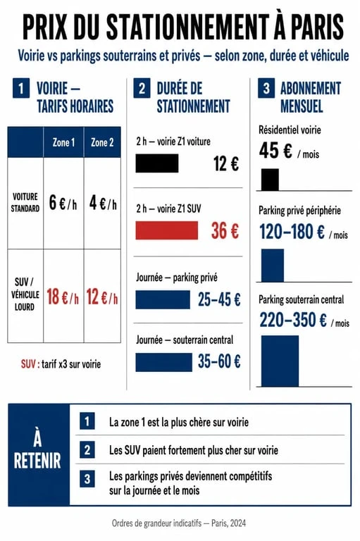 Prix des parkings à Paris comparés entre voirie, parkings souterrains, zones et types de véhicules