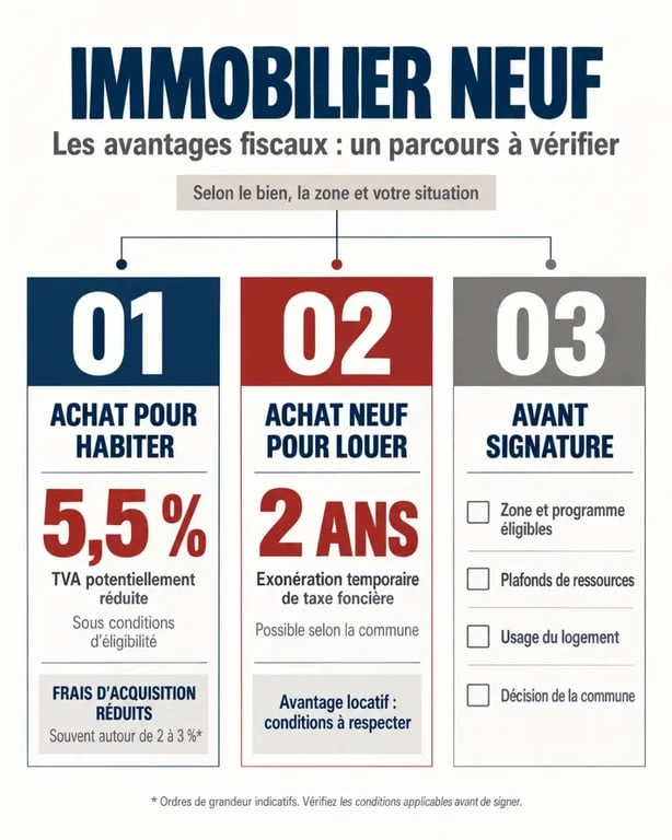 Avantages fiscaux immobilier neuf : frais réduits, TVA à 5,5 % et exonération de taxe foncière