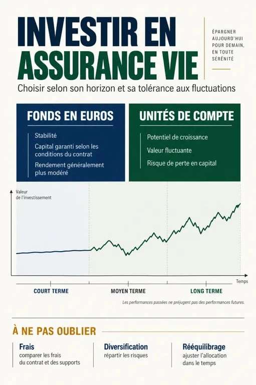 Infographie pour investir en assurance vie selon l’horizon, les supports et le niveau de risque