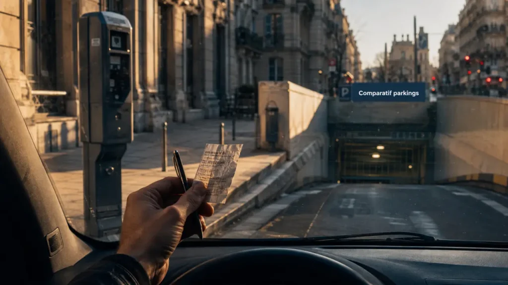 Prix des parkings à Paris : ticket et horodateur, vue rue et entrée parking