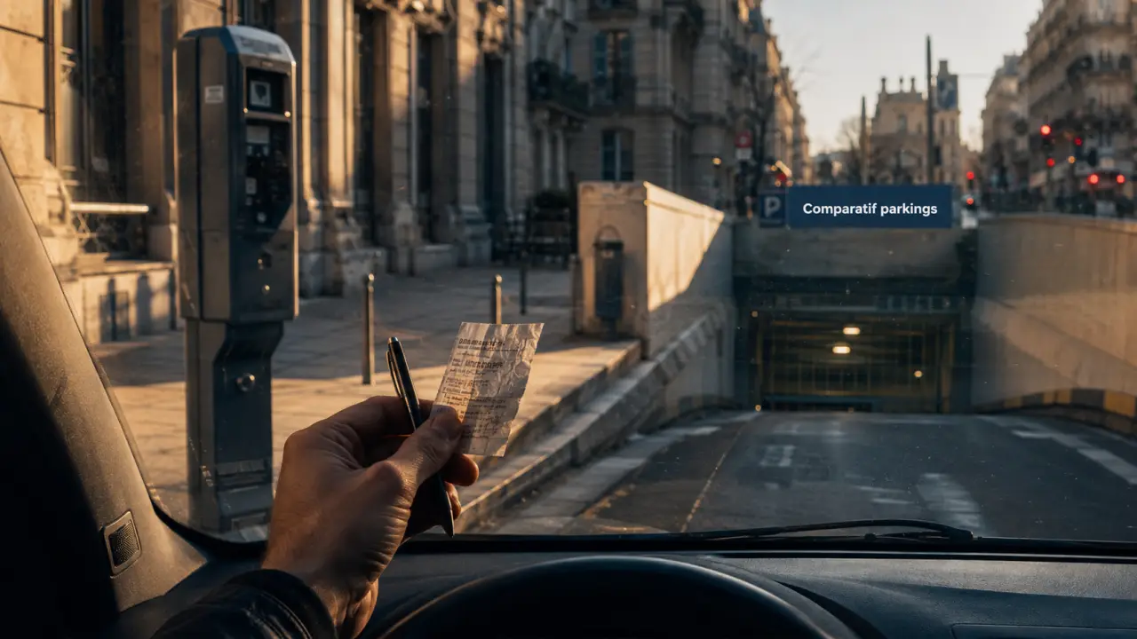 Prix des parkings à Paris : ticket et horodateur, vue rue et entrée parking
