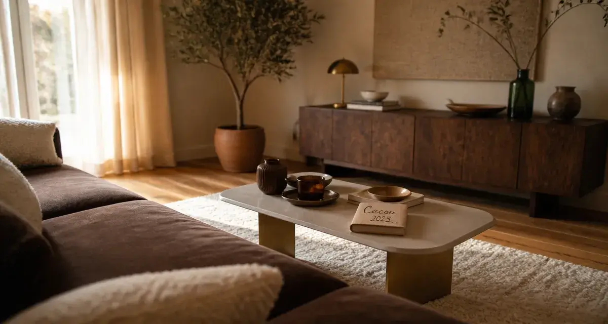 Tendance déco 2025 salon : beige chaud, courbes et laiton, cocon 2025