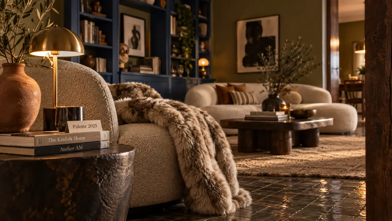 Tendance déco 2025 : salon moderne beige, laiton et terracotta