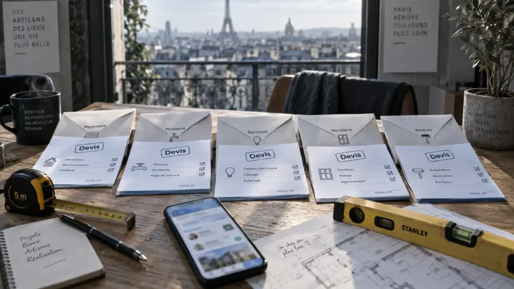 Travauxmatch Paris : devis et enveloppes sur table, téléphone de mise en relation