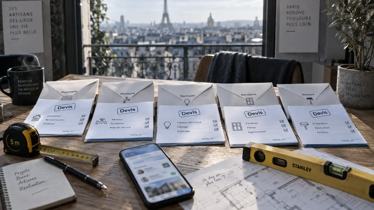 Travauxmatch Paris : devis et enveloppes sur table, téléphone de mise en relation