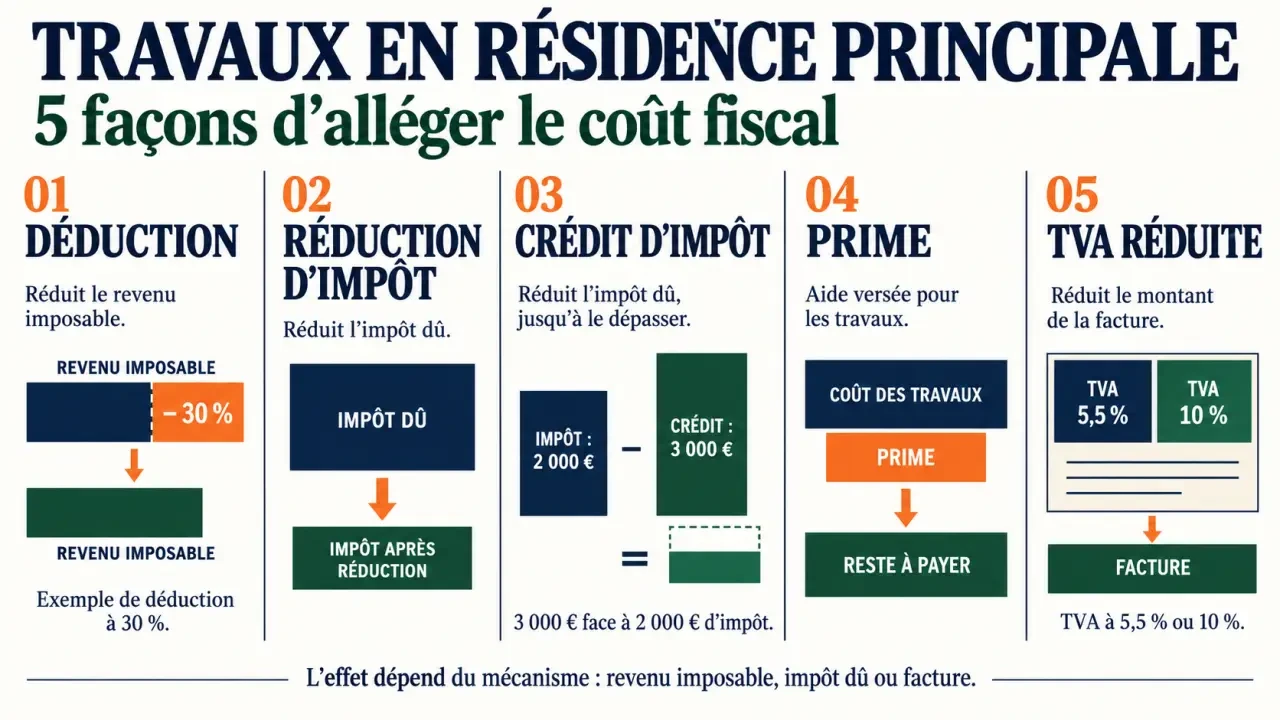 Travaux résidence principale déductibles des impots : infographie des différences entre déduction, crédit d’impôt, prime et TVA réduite
