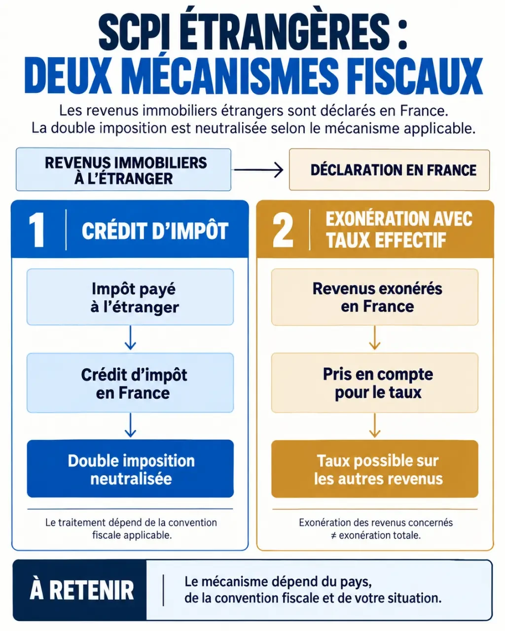 Infographie sur la fiscalité des SCPI étrangères, le crédit d’impôt et le taux effectif