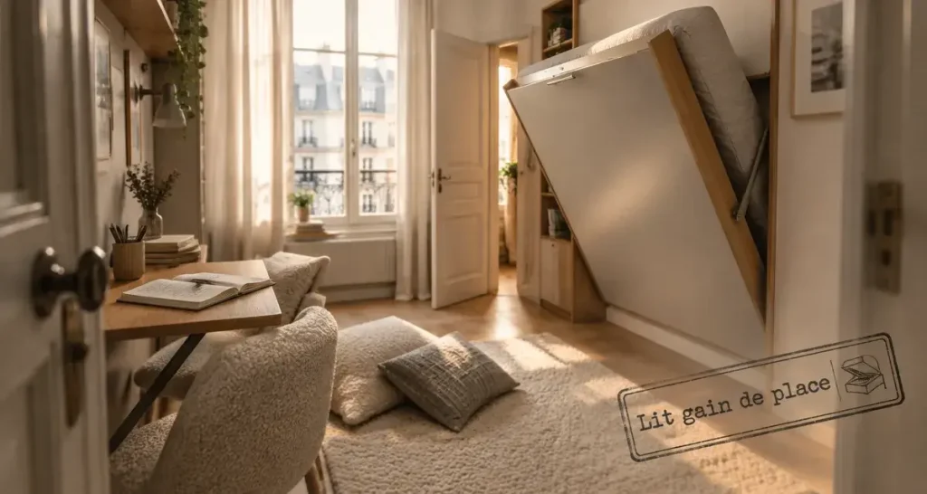Lit petit espace escamotable dans un studio, gain de place