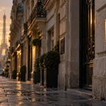 Paris quartiers riches : rue du 7e avec tour Eiffel au fond