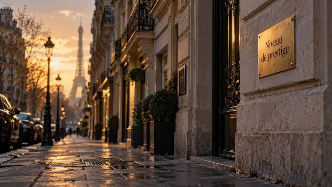 Paris quartiers riches : rue du 7e avec tour Eiffel au fond