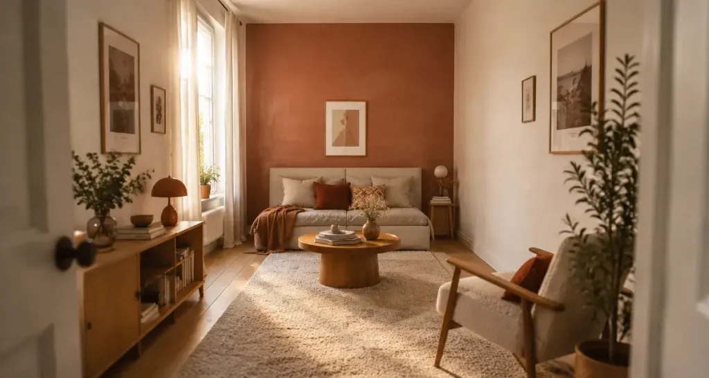 Quel mur peindre agrandir piece etroite : mur de fond terracotta, côtés clairs